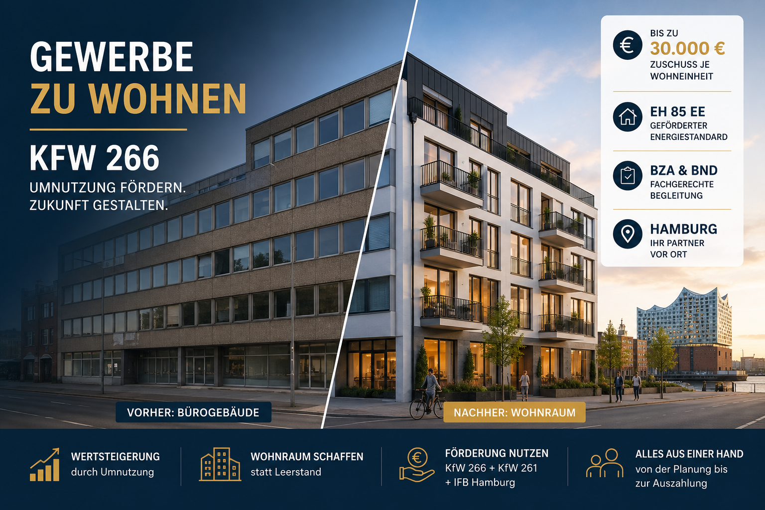 KfW 266 Förderung in Hamburg: Umwandlung einer leerstehenden Gewerbeimmobilie in Wohnraum mit Effizienzhaus 85 EE